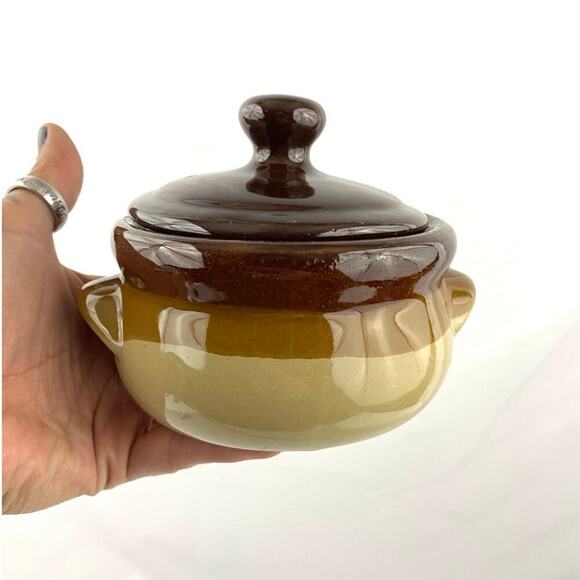 VTG Stoneware Pottery Bean Pot Double Handled Brown 3 Tones Small - Picture 7 of 12